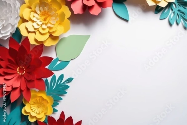 Fototapeta Paper cut flowers and leaves surround empty copy space. Mockup. Wedding and party decorations. Background for publications and presentations
