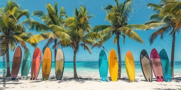 Fototapeta Line of vividly colored surfboards standing against coconut palms on a pristine tropical beach with blue waters