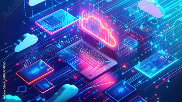 Fototapeta Cloud technology, computers, devices connected to digital storage in data centers via the internet, IOT, smart home communication, laptops, tablets, phones, online home devices