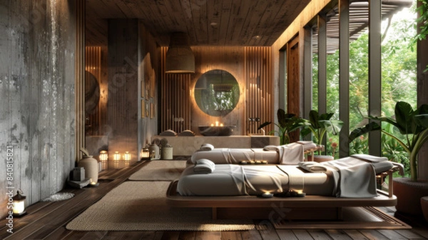 Obraz Luxurious interior of a massage room with a relaxing and cozy atmosphere. Minimalist spa design. Relaxation and rest concept.