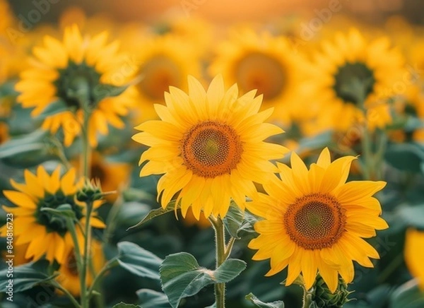 Fototapeta A field of vibrant yellow sunflowers, their petals facing the sunlight in full bloom.