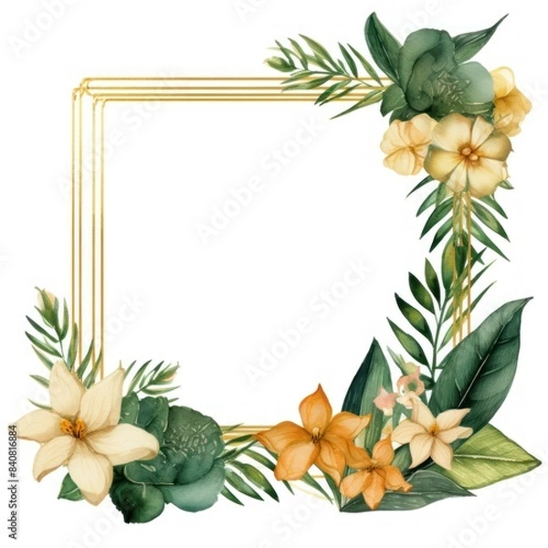 Fototapeta Botanical Floral Frame with Tropical Leaves and Flowers