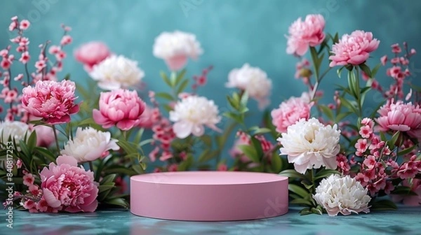 Fototapeta Pink podium surrounded by blooming peonies and other pink and white flowers in a vibrant, natural setting. Generated AI.
