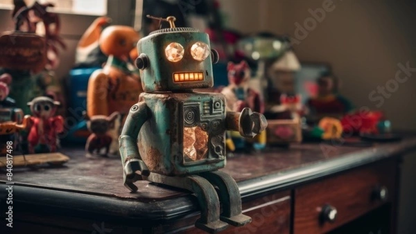 Fototapeta Nostalgic Vintage Toy Robot on Wooden Table