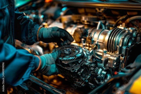 Fototapeta Expert Auto Technician Precision in Removing Car Transmission for Repairs