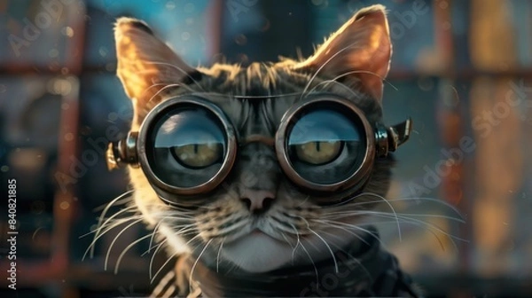 Fototapeta Illustration of a cat wearing steampunk glasses. Ai generated image