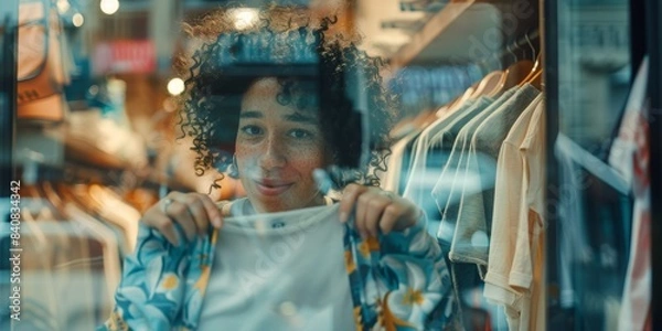 Fototapeta Woman in mall pondering about clothes, search, or outfit. Retail, deal, and female consumer evaluate thrift store fabric, texture, and quality for discount, sale, or decision.