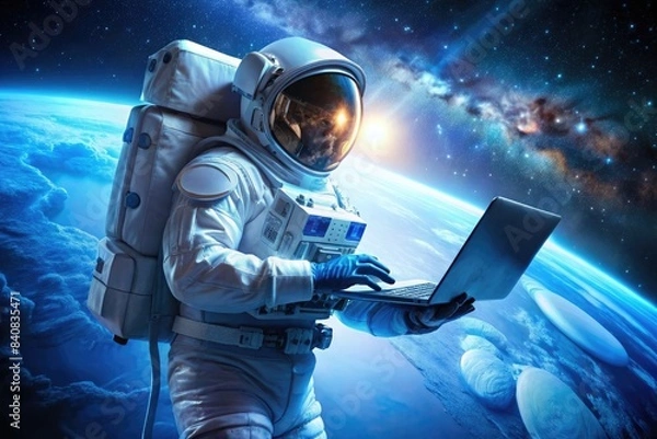 Fototapeta An astronaut in outer space holds a laptop in his hands