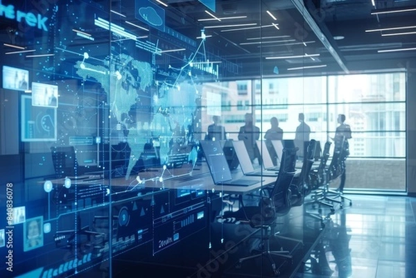 Fototapeta A conference room with employees engaging in a virtual meeting with global partners, symbolizing the global connectivity enabled by digital transformation