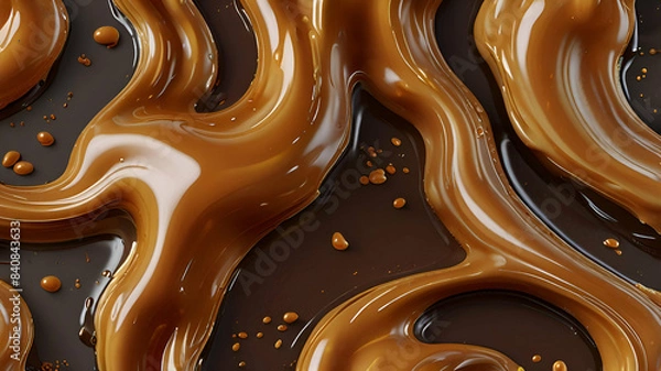 Fototapeta Liquid sweet melted caramel, delicious caramel sauce or maple syrup swirl 3D splash. Yummy sweet caramel sauce or hot syrup twisted. Key visual advertising design elements