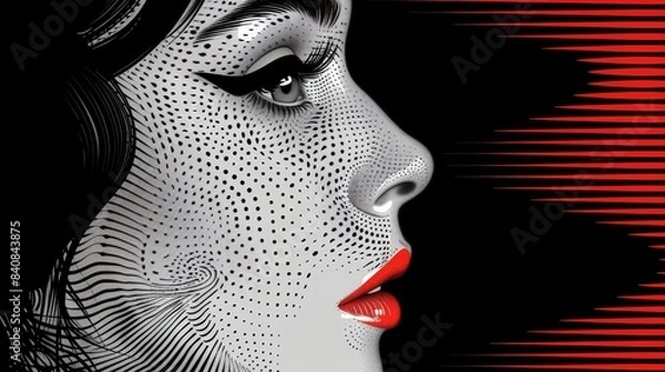 Fototapeta Abstract Black And White Portrait With Red Lines On A Dark Background
