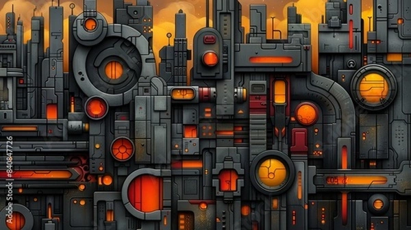 Obraz Abstract Futuristic Cityscape With Orange Glow and Geometric Shapes