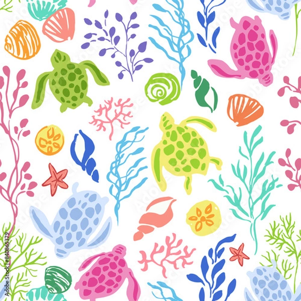 Obraz Coastal seamless vector repeat pattern with colorful sea turtles and algae seaweed on white background. Summer, swim, poolside, kids swimwear, beach backdrop in happy cheerful colors