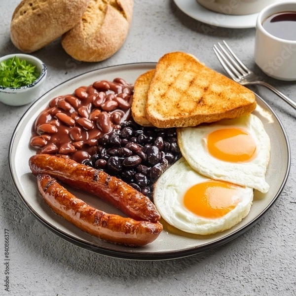 Fototapeta Full fry up English breakfast with fried eggs, sausages, bacon, black pudding, beans, toasts and tea on gray concrete background