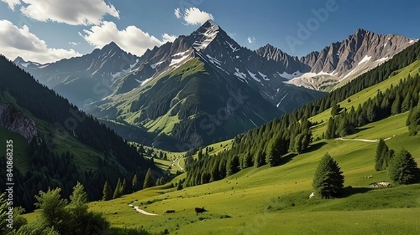 Obraz Lush Green Alpine Valley with Dramatic Background Generated by AI