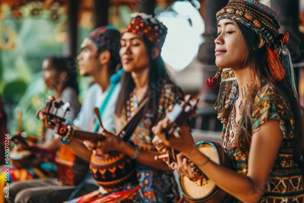 Fototapeta A Vibrant Ensemble of Southeast Asian Musicians Play Traditional Instruments