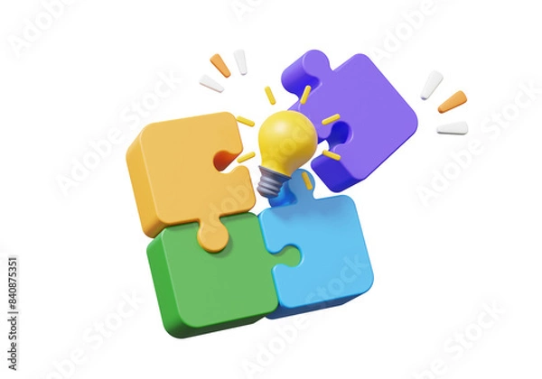 Obraz Jigsaw puzzle pieces partnership brainstorming teamwork concept. innovation light bulb idea education learning collaboration in successful business development. 3d rendering. illustration