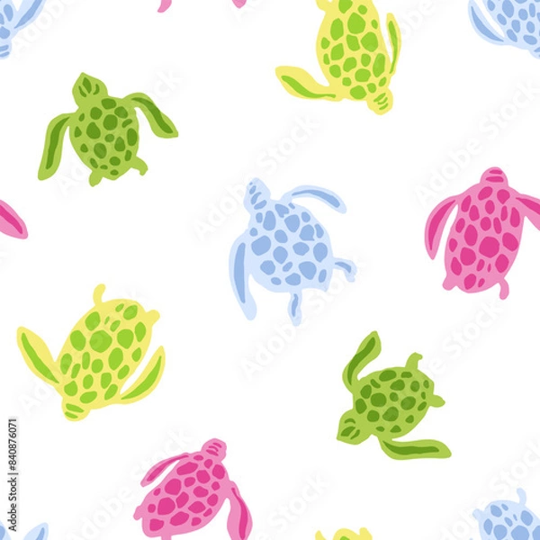 Obraz Coastal seamless vector repeat pattern with simple tonal color sea turtle silhouettes on white background in pink, yellow, green and blue. Beach, swim, poolside, kids, boys, gender neutral backdrop