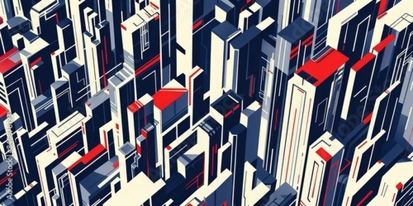 Fototapeta A pattern with blue, white, and red geometric stripes, their forms overlapping like a futuristic cityscape Generative AI