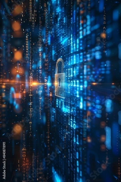 Fototapeta Digital Padlock in Cybersecurity Data Stream