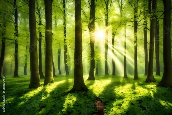 Fototapeta spring forest - fresh leaves and sun rays
