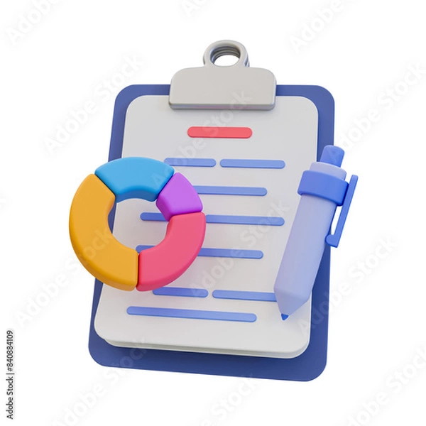 Fototapeta 3D illustration of a clipboard with a pie chart and a pen, representing data analysis and reporting.