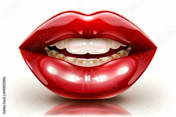 Fototapeta "A vibrant and glossy cartoon illustration of red lips with a playful smile, capturing a bold and cheerful expression with exaggerated details and a pop art style, Generativ AI