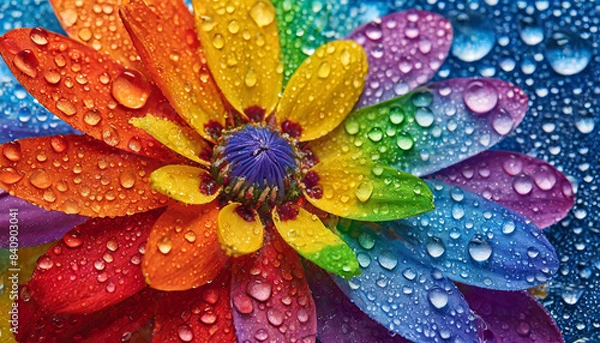 Fototapeta macro close photo of a flower with water drops and petals painted in the colors of the lgbt flag and rainbow, abstract wallpaper background texture for product presentation, queer gay lgbtqia pride 