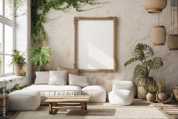 Fototapeta Mockup frame in a boho nomadic interior background with rural decorations