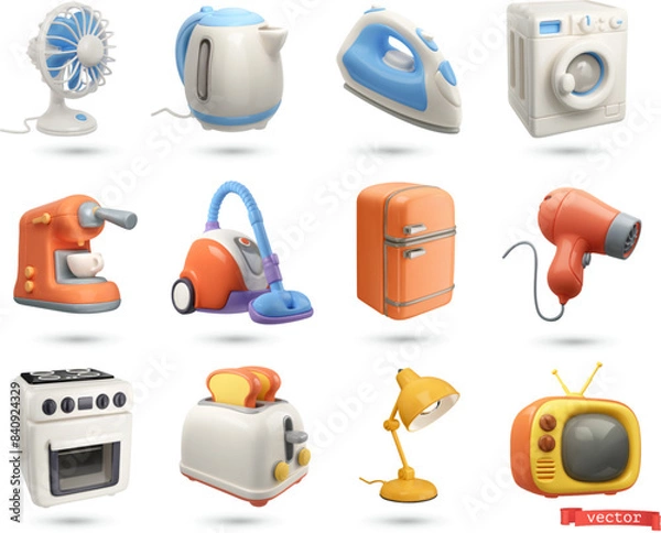 Obraz Home appliances, objects. 3d cartoon vector icon set