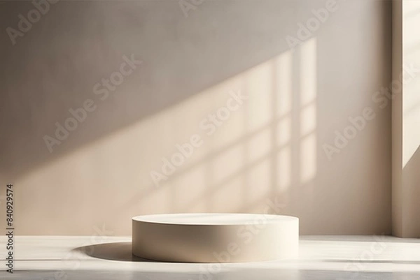 Fototapeta Minimalist display podium, neutral beige background, modern product showcase, empty stage with sunlight, clean interior design, simple round platform, contemporary presentation backdrop, soft lighting