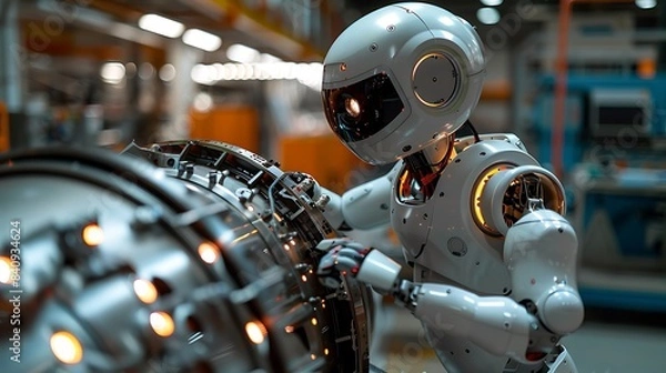 Fototapeta Flight Engineer robot performing maintenance on a jet engine connected to a smart maintenance grid