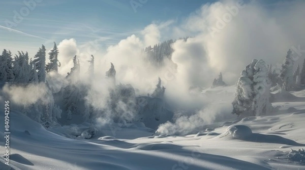 Fototapeta The symphony of nature as the sound of steam escaping from snow chimneys blends with the howling wind.