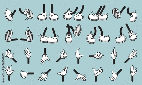 Fototapeta Vintage retro hands in gloves and feet in shoes. Comic retro feet and hands in different poses. Isolated mascot character elements of 1920 to 1950s.