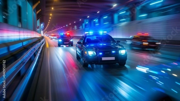 Fototapeta A police car is driving down a highway with other cars behind it