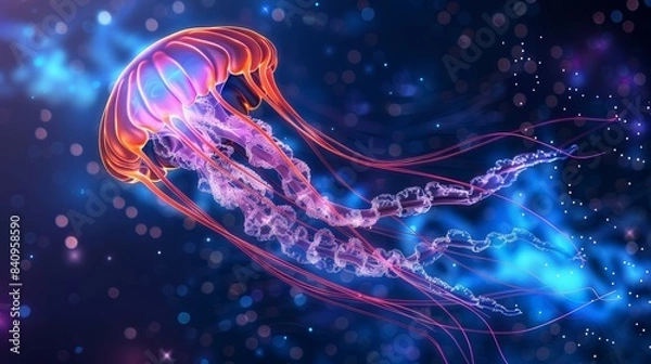 Fototapeta A jellyfish with a long red tail is floating in the sky