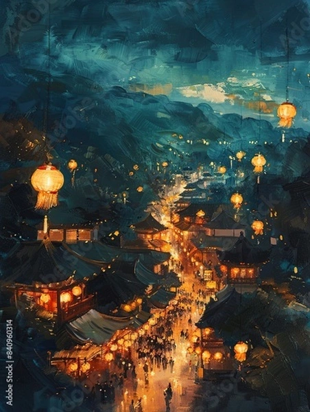 Fototapeta Beautiful Vesak Evening Procession with Candles Bringing Light to the Streets