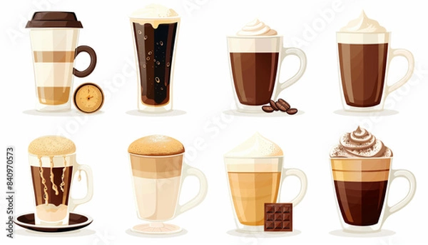 Fototapeta Collection Of Various Coffee Drinks Set With Different Types Of Cups, Including Cappuccino, Black Coffee, Choco Latte, And Hot Chocolate, Isolated On White Background.