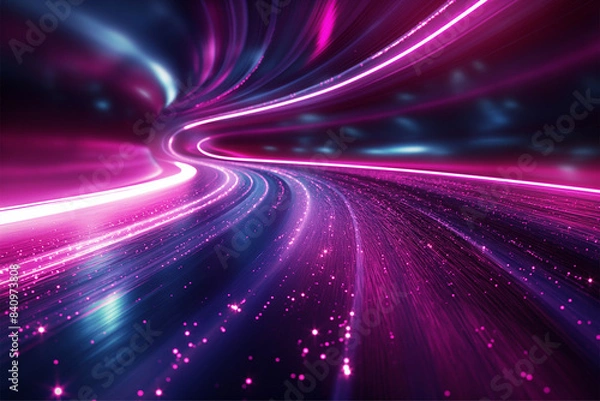 Fototapeta Blue purple light line through dark background, hyper speed warp in space