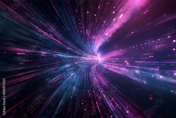 Fototapeta Blue purple light line through dark background, hyper speed warp in space