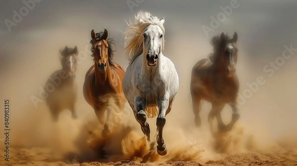 Obraz Horses running in the desert dust, front view