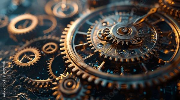 Obraz Steampunk gears and clock face, 3d render background illustration