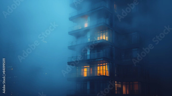 Fototapeta lonely building with a lot of dark windows getting lost in thick blue-ish fog and mist, night created with Generative AI technology