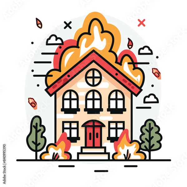 Obraz House fire colorful illustration, emergency situation burning building flames, danger concept art. Vibrant house ablaze, graphic design residential fire disaster. Firefighters needed urgent