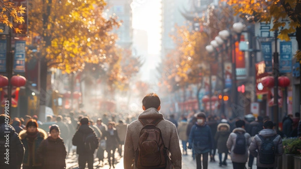 Fototapeta photo of Chinese people from rural backgrounds are moving into urban settings created with Generative AI technology
