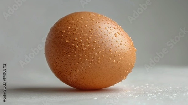Fototapeta Close-up image of a brown chicken egg with water droplets on its surface, placed against a softly lit, neutral background highlighting texture and form