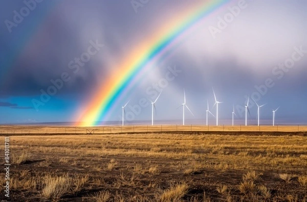 Fototapeta A rainbow over an open field with wind turbines in the background, symbolizing clean energy and nature's beauty