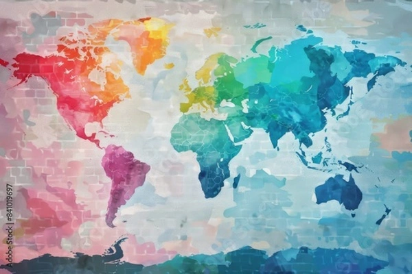 Fototapeta Colorful abstract world map art with vibrant hues and artistic brush strokes, ideal for creative backgrounds and visual design projects.
