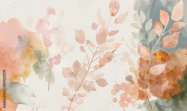 Obraz Abstract botanical illustration with pink and orange flowers and leaves with a muted background. Watercolor painting style for design and print. Nature and floral theme