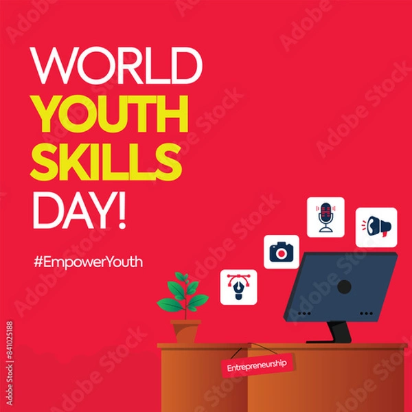 Fototapeta World Youth Skills Day Post. Youth Skills Day marketing post for educational institutes with table, computer and icons of graphic design, voice over, marketing and photography. Empowering Youth post